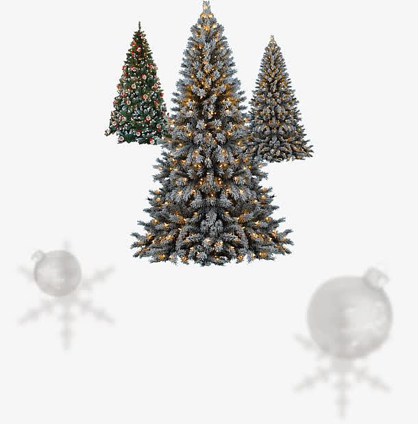 雪中松树和装饰品雪花、炸弹