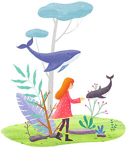 亲近鲸鱼装饰公益插画