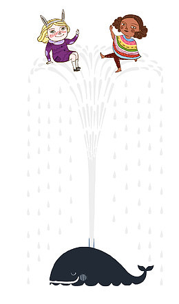 卡通喷水的鲸鱼和小女孩们