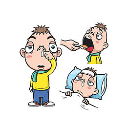 卡通感冒流鼻涕吃药卧床休息的小