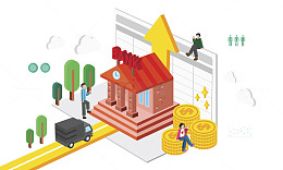 红色银行建筑楼前工作人员