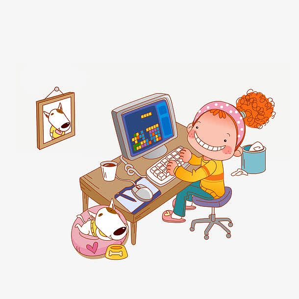 卡通电脑上玩俄罗斯方块的女孩素