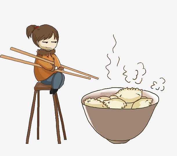 卡通坐在凳子上吃饺子的女孩免抠