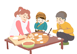 卡通手绘包饺子的一家人