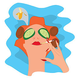 卡通卷头发做面膜抽烟的性感美女