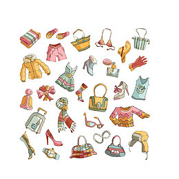 卡通手绘女士衣服化妆品素材