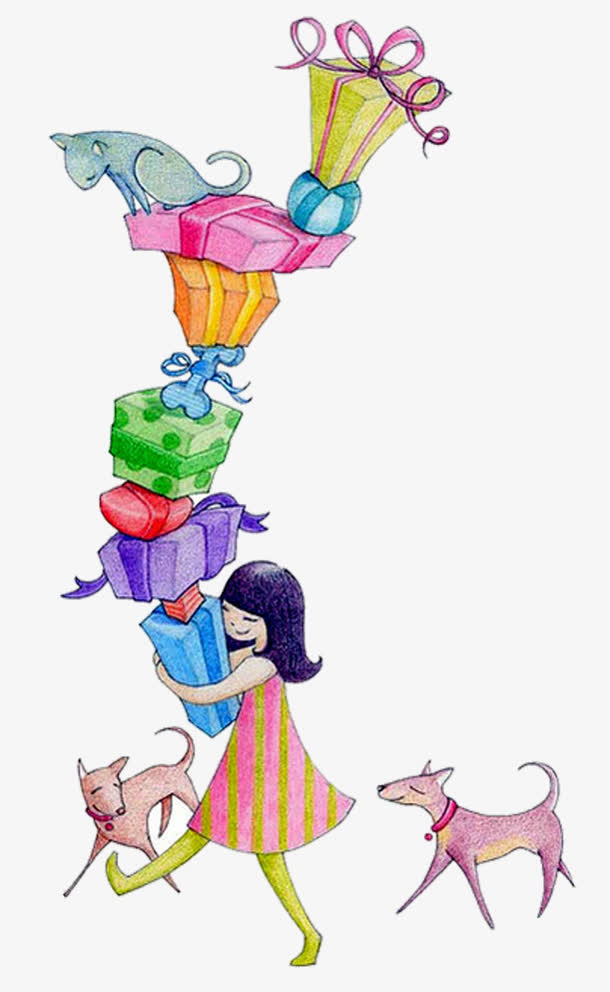 卡通手绘小女孩搬礼物