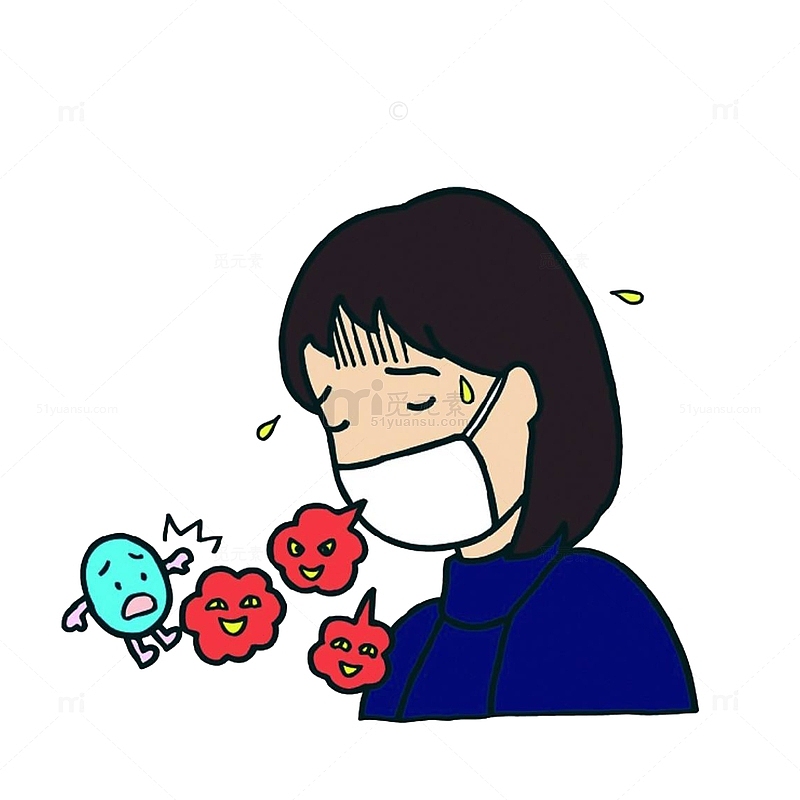 卡通戴口罩辛苦咳嗽冒汗的女孩素
