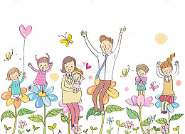 卡通花丛中欢呼玩耍的人物