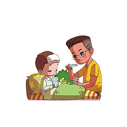 卡通为儿子吃药测量体温的爸爸素