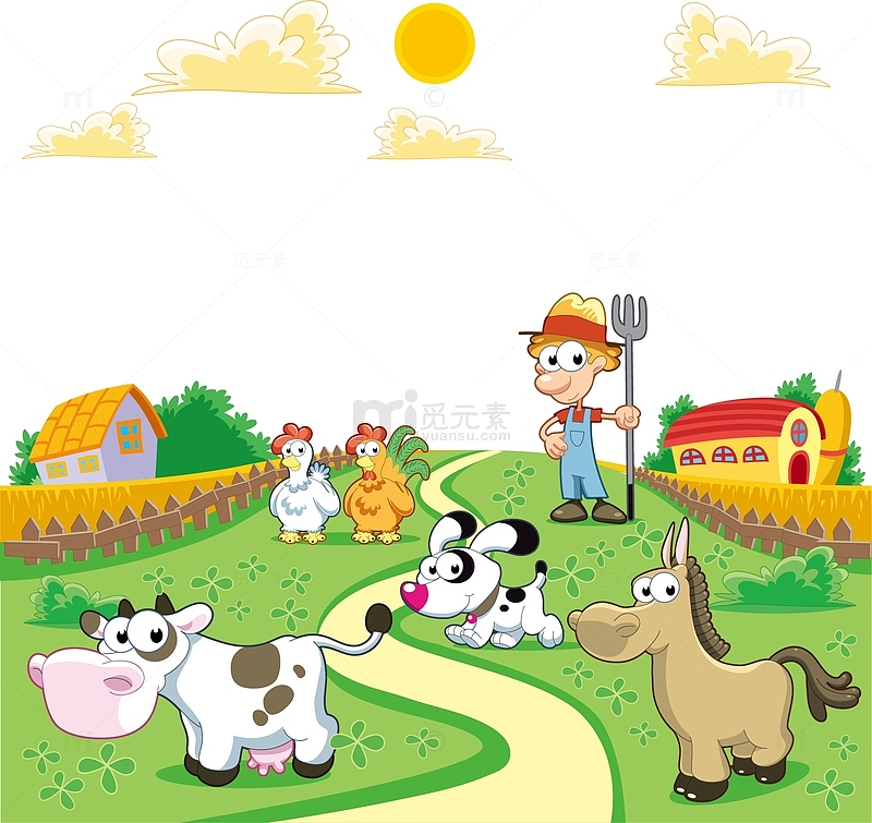 卡通农场农夫和小动物风景矢量素