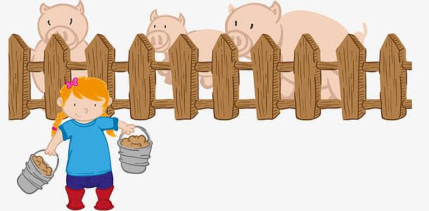 卡通矢量农场养猪的小女孩