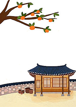 手绘柿子树青瓦白墙