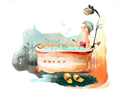 美女洗澡插画
