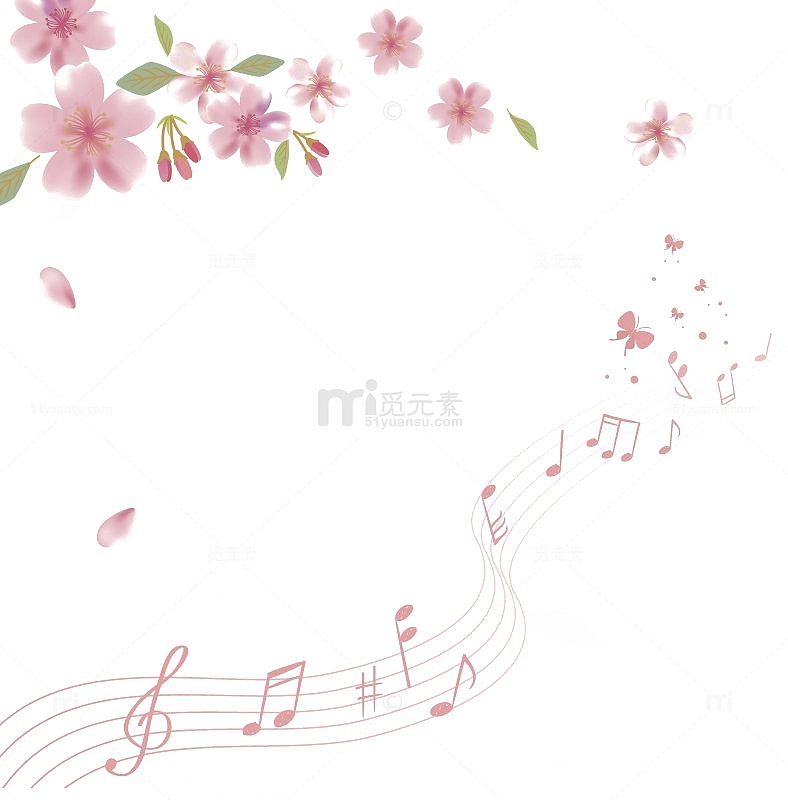 粉色花朵与音符背景免抠