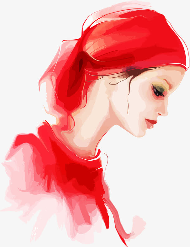 红色绸缎面料头巾美女插画
