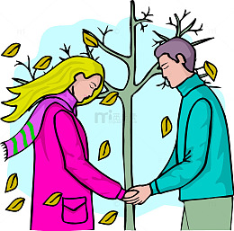 卡通插图冬日情侣握手面对面