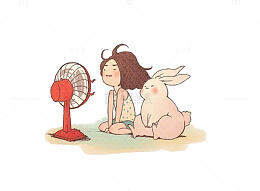 小女孩和小兔子吹电扇