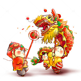 手绘可爱卡通元宵节灯会舞龙插图