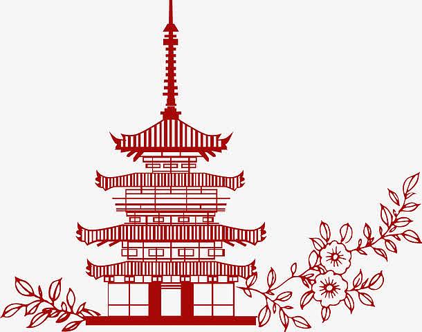 红色中国风线条塔楼