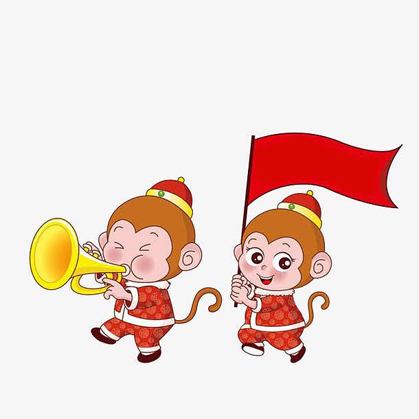 卡通举着旗子女猴吹着喇叭的男猴