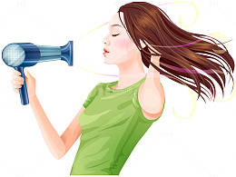 手绘插图美女吹头发侧面