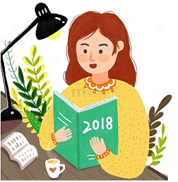 手绘插画在书桌旁读书的女学生