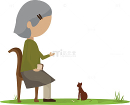 坐在椅子上喂猫的老太太