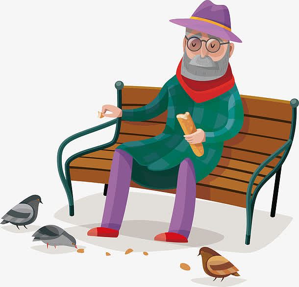 坐在椅子上喂鸽子的老爷爷