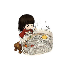 踩在椅子上吃面的小女孩