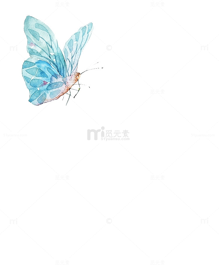 手绘水彩创意蓝色的花蝴蝶