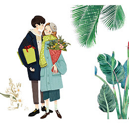 手绘情侣相依偎植物花朵