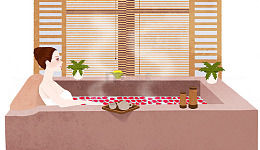 时尚插图美女浴池泡澡花瓣浴