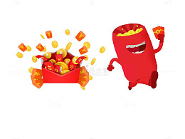 奔跑着的装满金钱的红包小人手绘