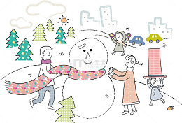 矢量手绘堆雪人的幸福一家人