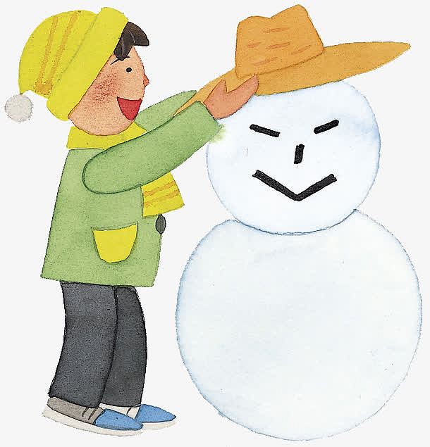 给雪人戴帽子的男孩