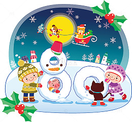 圣诞节堆雪人的小孩