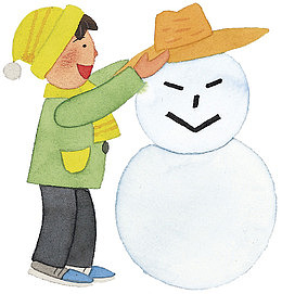 给雪人戴帽子的男孩