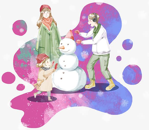 卡通手绘玩雪的一家人插画素材