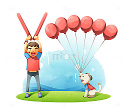 卡通草地上欢呼的男孩