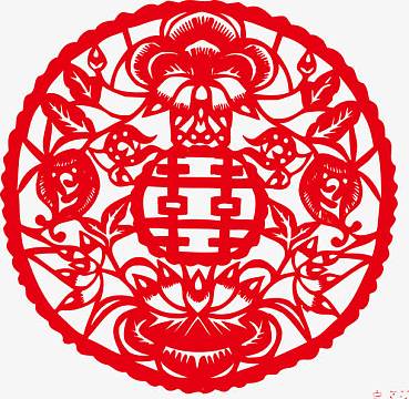 圆形红色喜字帖素材png红色喜字剪纸素材图png喜字大脸旗袍娃娃png