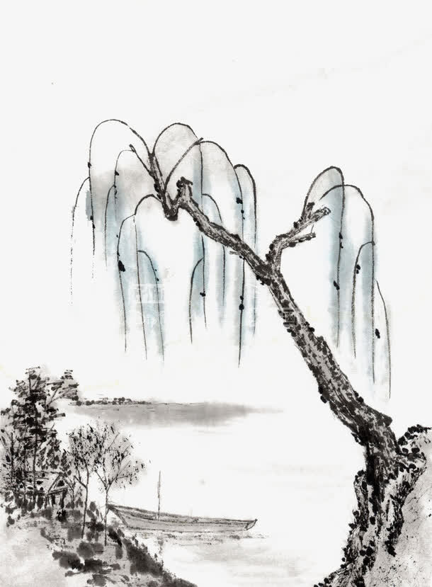 关键词 : 水墨画,国画,风景国画,柳树,垂柳,写意小船,柳枝,水墨垂柳