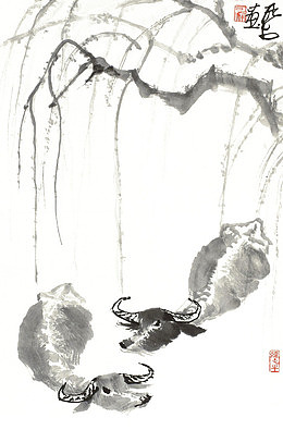 国画柳牛图