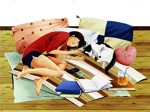 装饰插图疲惫睡着的女孩