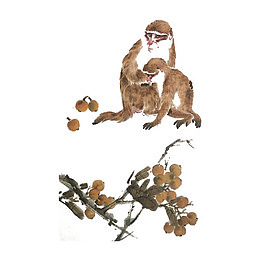 中国风水墨棕色猴子和水果插图免