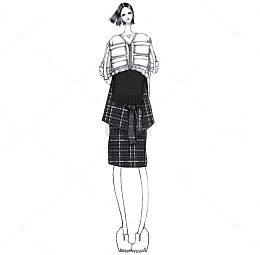 短发女生白色外套搭配格子连衣裙
