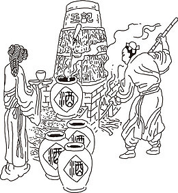 古代做酒图，线条人物图