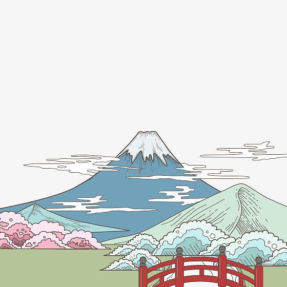 彩色手绘富士山美景元素