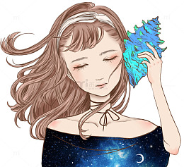 手绘倾听海螺声的女孩