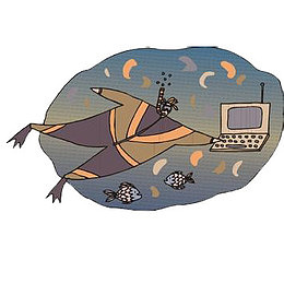 潜水拿电脑的小人素材免抠